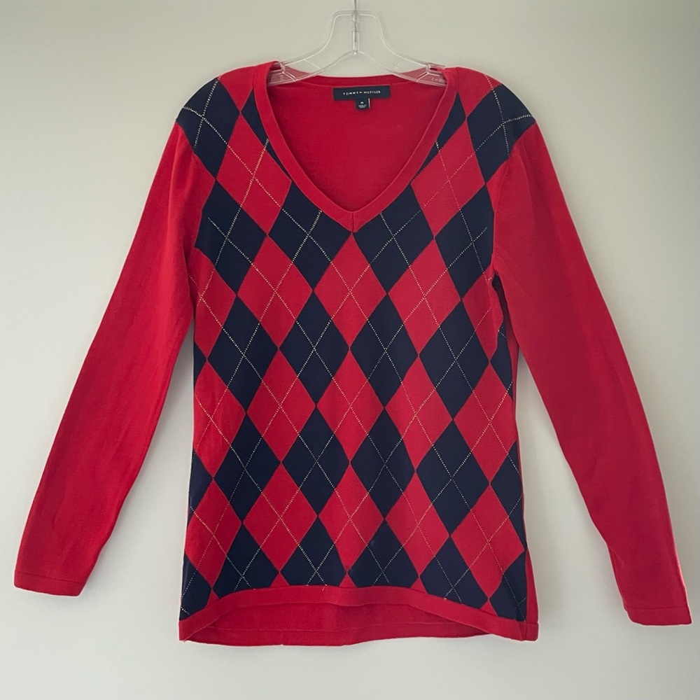 Tommy Hilfiger Red and Black Argyle Sweater
